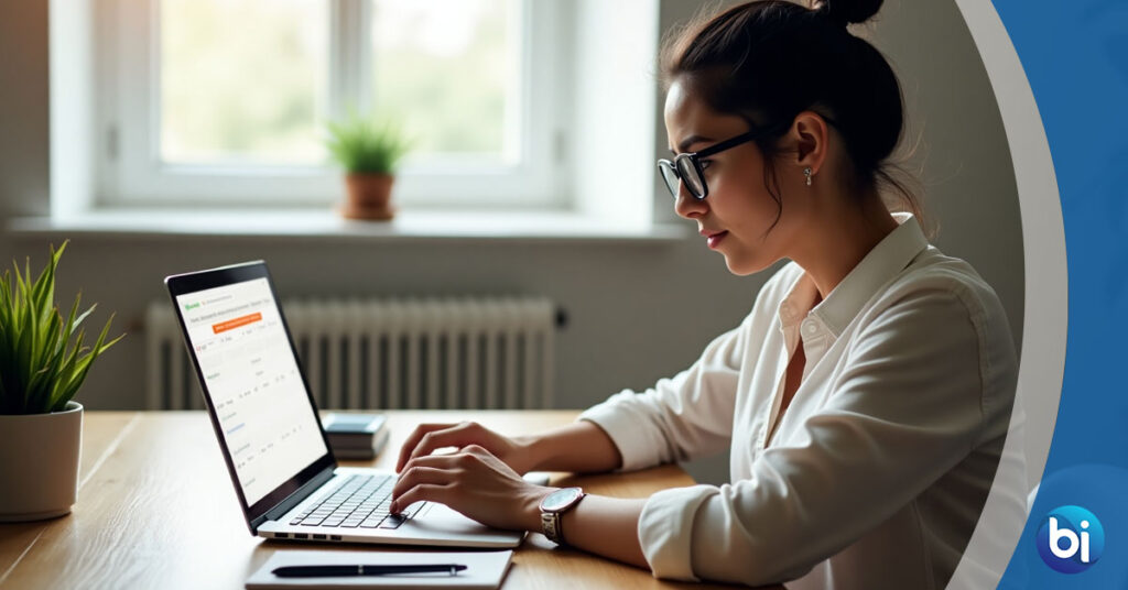 Small business owner in Lorton VA planning content calendar on laptop