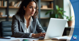 Small business owner in Lorton VA researching SEO keyword tools on laptop