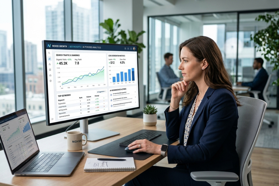 Business owner using AI SEO tools to improve Google rankings and lead generation