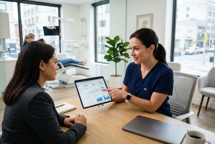Dentist using AI marketing strategy dashboard to grow dental practice leads in 2026