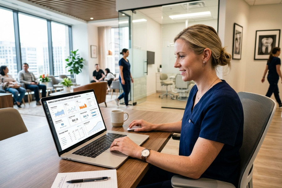 Dentist reviewing Google Ads campaign performance for patient leads