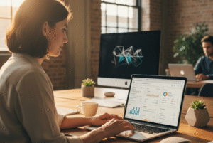 Local business owner analyzing keyword trends on laptop for SEO in Lorton VA (user intent keywords)