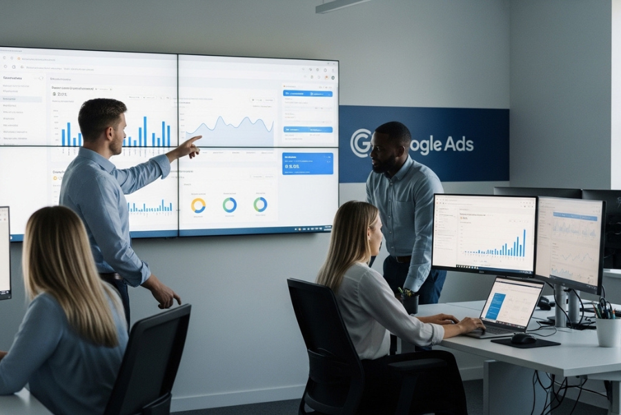 marketing team reviewing google ads analytics dashboard