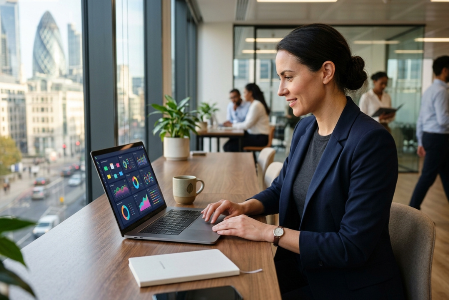Business owner reviewing AI automation dashboard to improve business efficiency and lead generation
