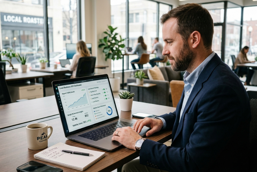 Business owner reviewing SEO performance and monthly SEO costs for business growth