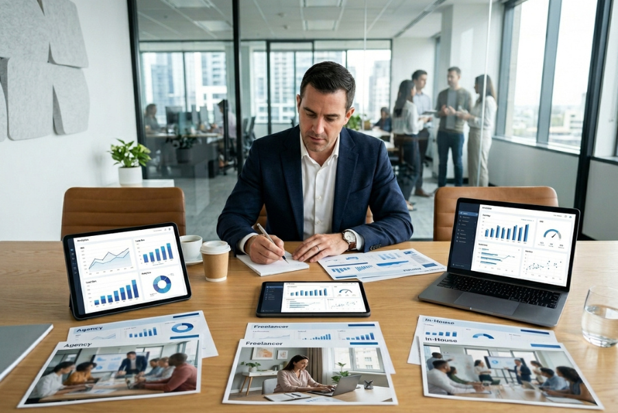 Business owner comparing agency vs freelancer vs in-house marketing options for business growth and ROI