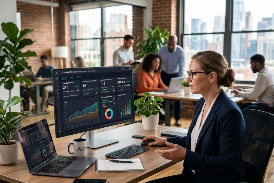 Small business owner evaluating AI automation ROI and business growth opportunities