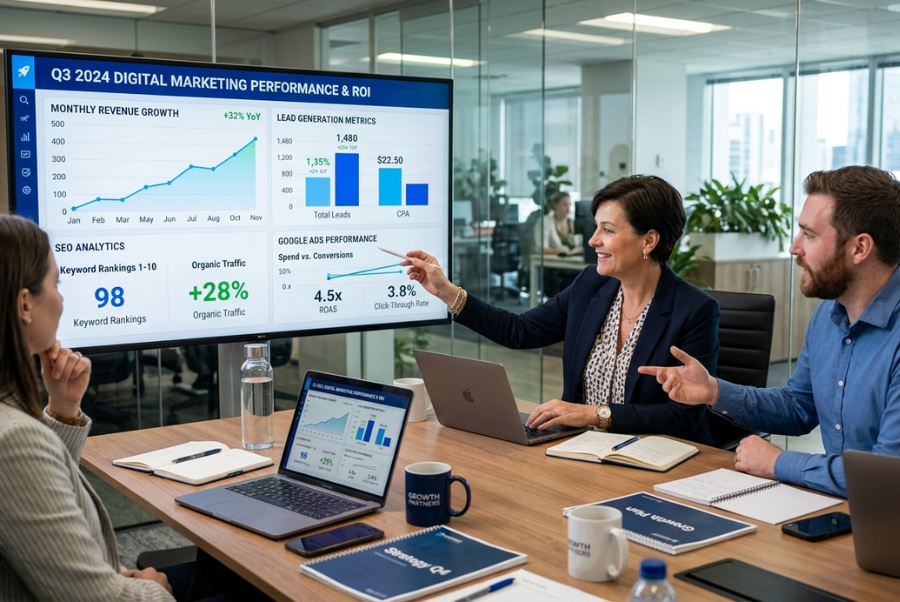 Business owner analyzing digital marketing ROI and lead generation performance for local business growth