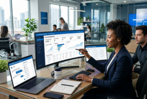 what is ai automation for businesses lead generation dashboard and workflow automation system in a modern office
