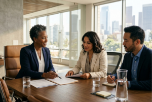 Lawyer discussing legal solutions with prospective clients during a professional consultation