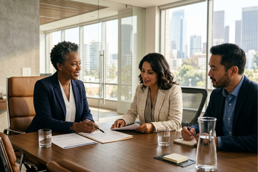 Lawyer discussing legal solutions with prospective clients during a professional consultation