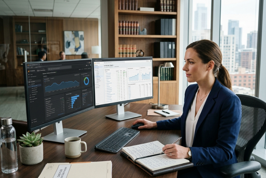 Attorney reviewing digital marketing for lawyers strategies to improve online lead generation and client acquisition