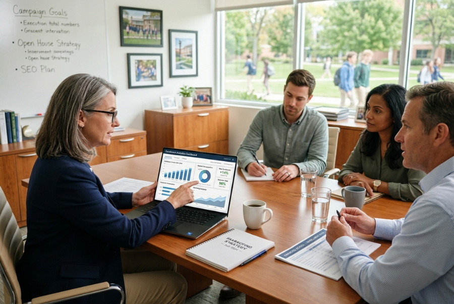 School administrator planning marketing strategies to increase enrollment