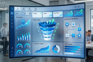 AI-powered marketing funnel optimization dashboard improving conversion rates