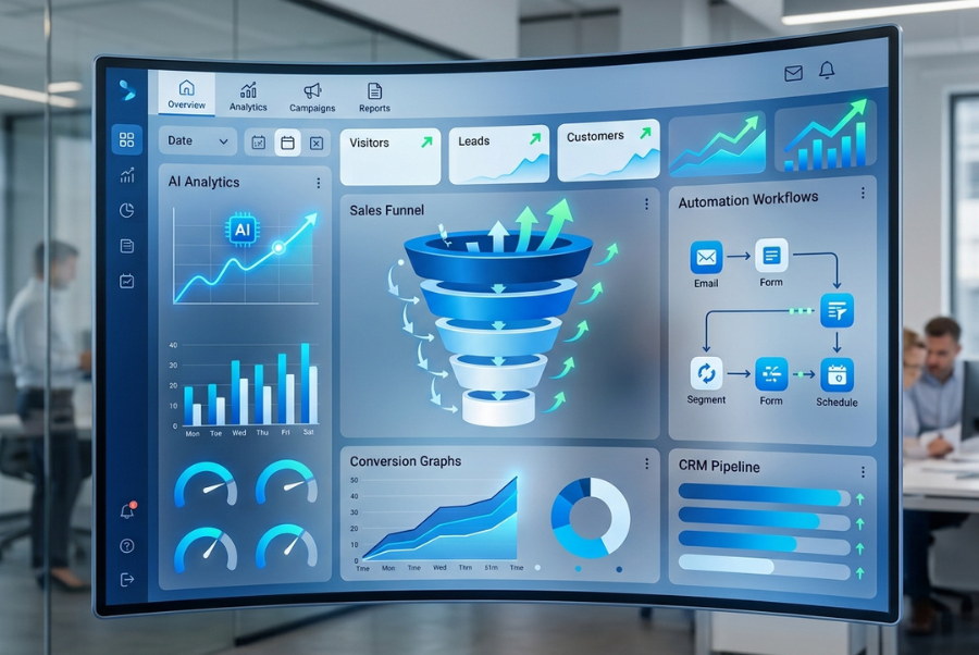 AI-powered marketing funnel optimization dashboard improving conversion rates