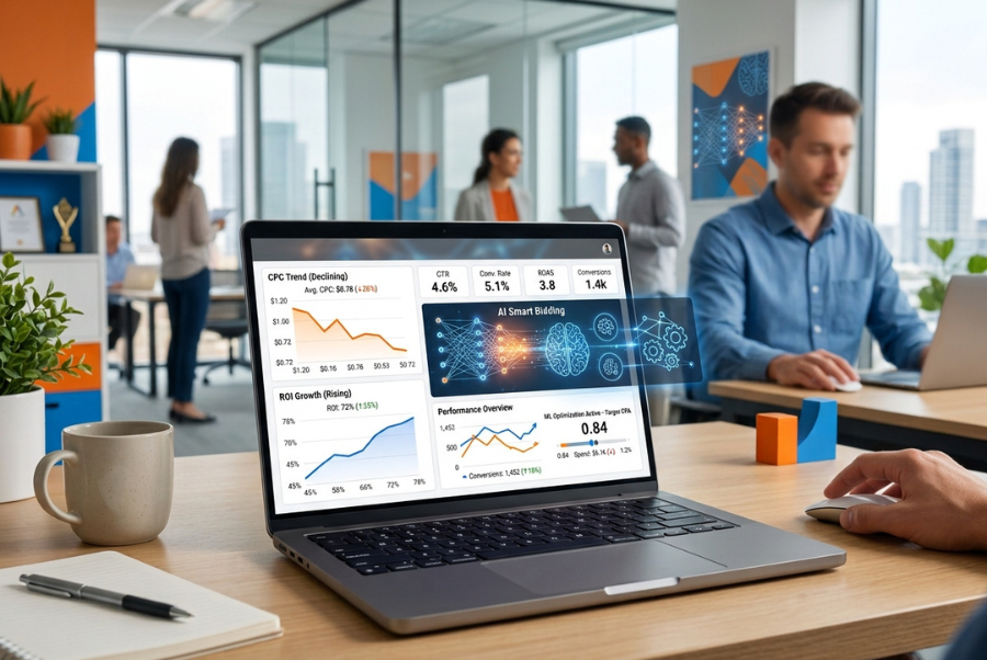 AI-powered Google Ads dashboard improving campaign performance and reducing advertising costs.