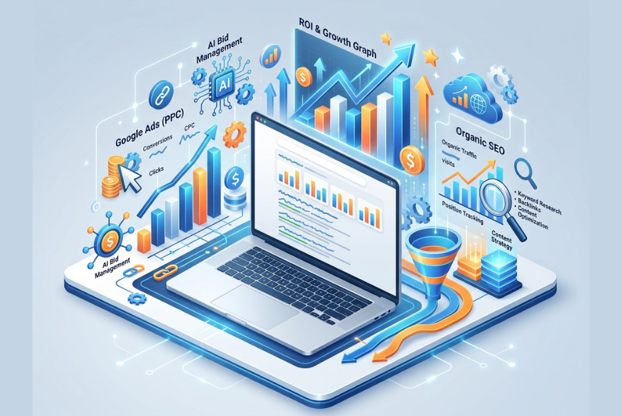 Illustration showing SEO and Google Ads working together to maximize marketing ROI.