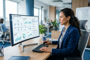 Business owner using marketing automation system to streamline lead generation and customer follow-ups.