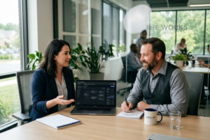 Business consultant explaining AI automation services to a local business owner in Lorton VA.