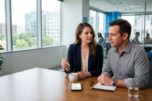 Digital marketing consultant reviewing a Local SEO strategy and website performance with a Northern Virginia business owner.