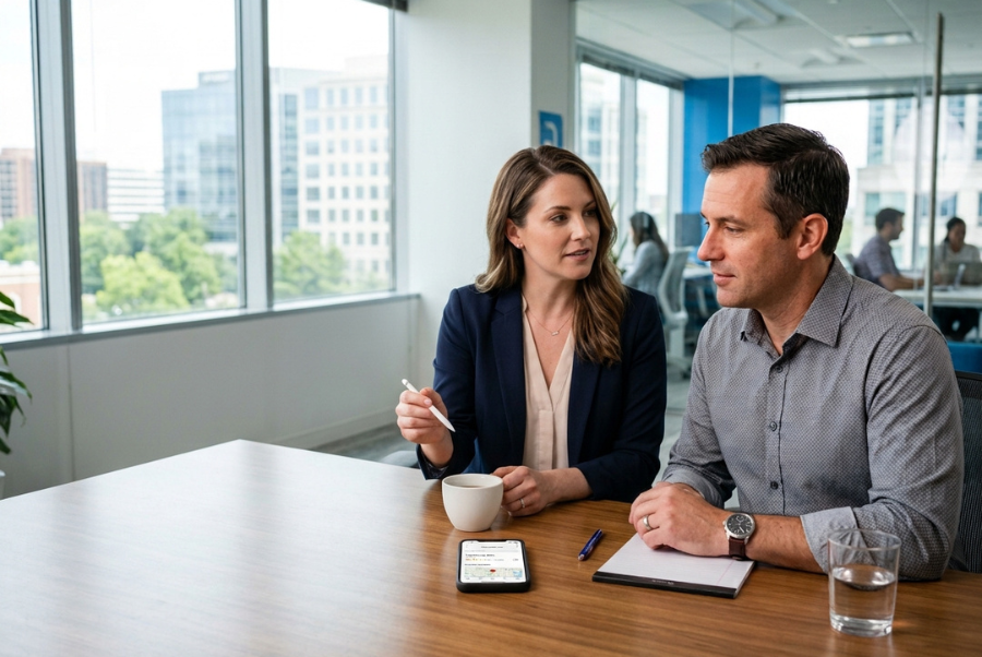 Digital marketing consultant reviewing a Local SEO strategy and website performance with a Northern Virginia business owner.