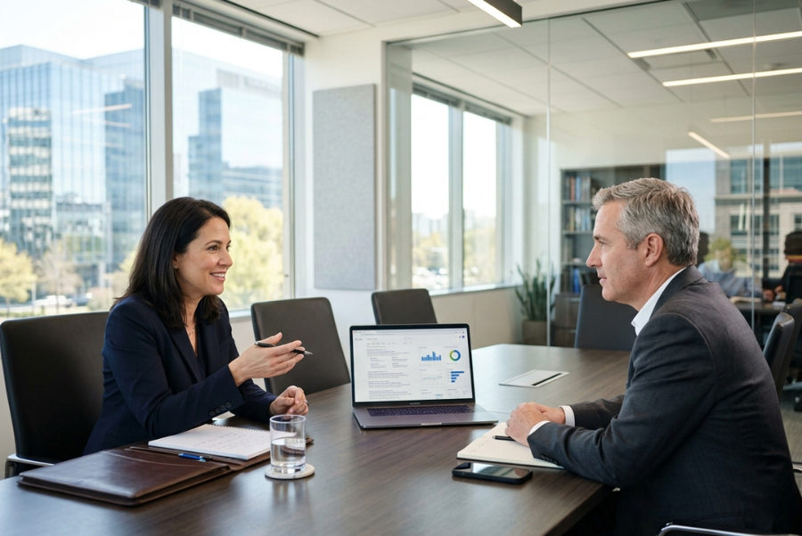 Attorney discussing SEO strategy with a client at a law office in Northern Virginia
