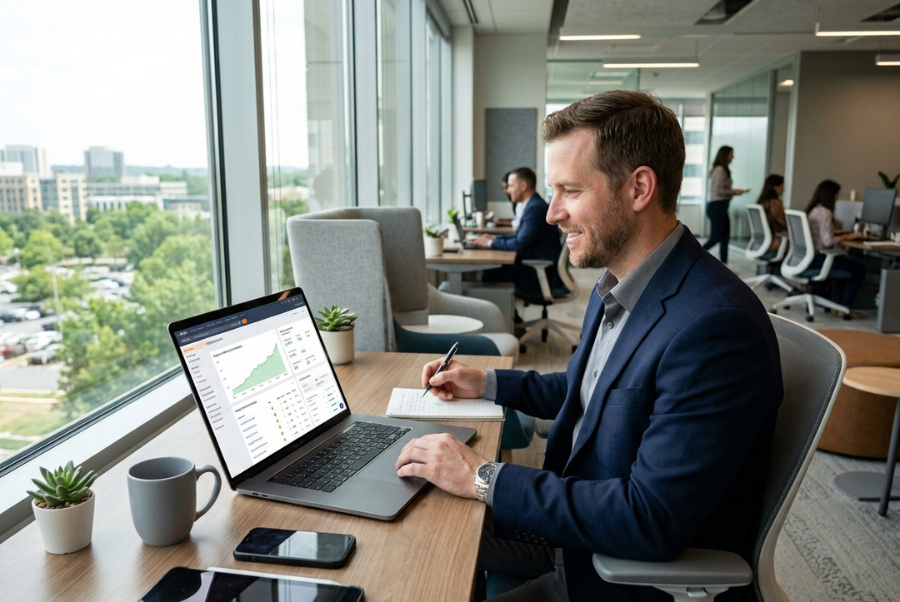 Business owner reviewing SEO performance for a local business in Reston VA