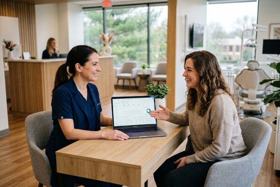 Dentist reviewing a Google Ads campaign to attract new patients in Northern Virginia