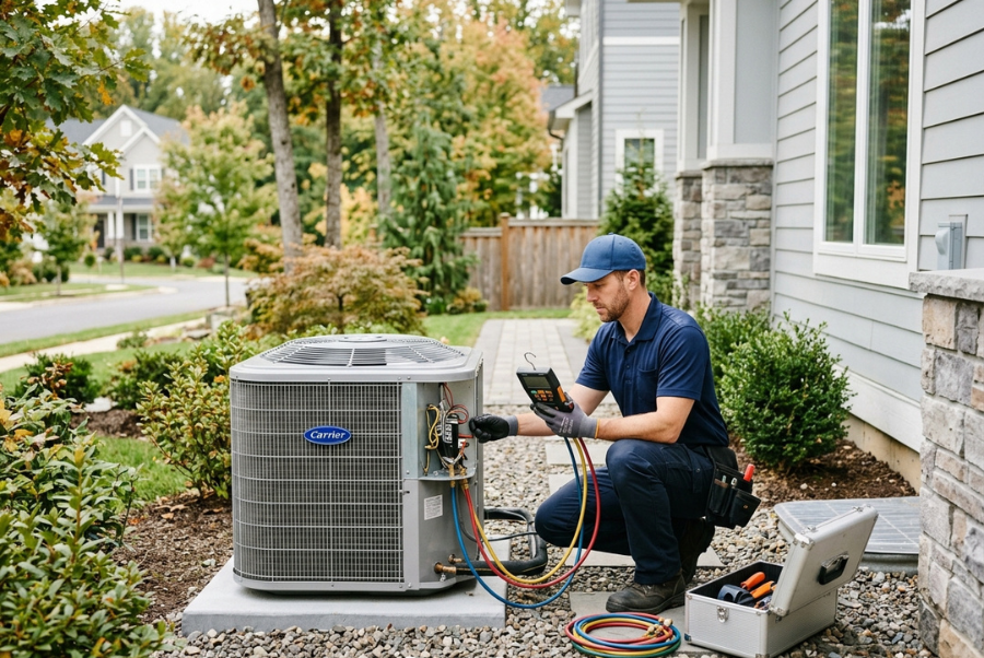 HVAC technician servicing a residential HVAC system in Northern Virginia