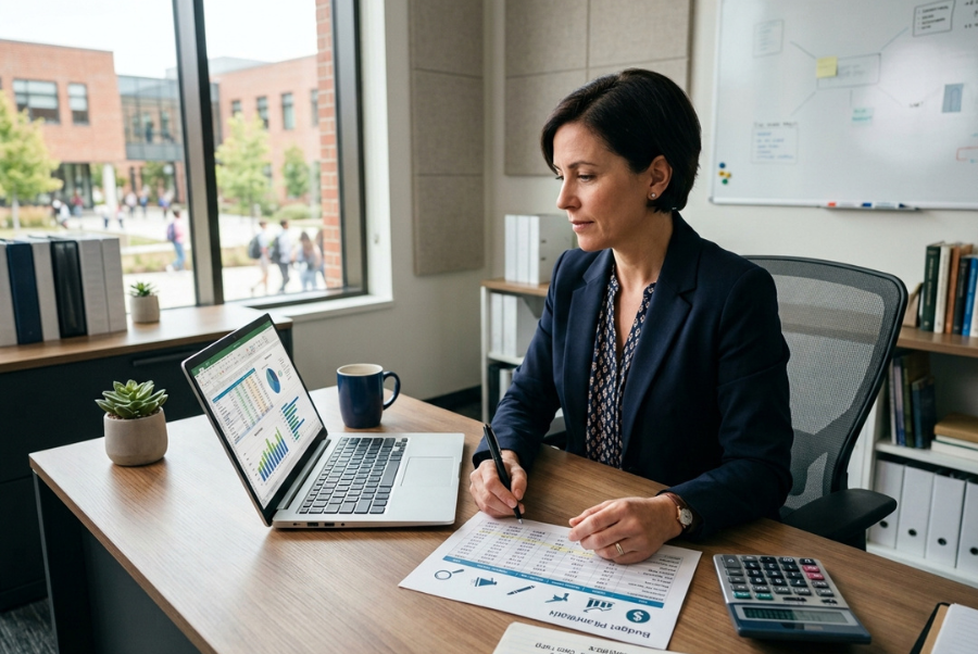 School administrator reviewing a marketing budget
