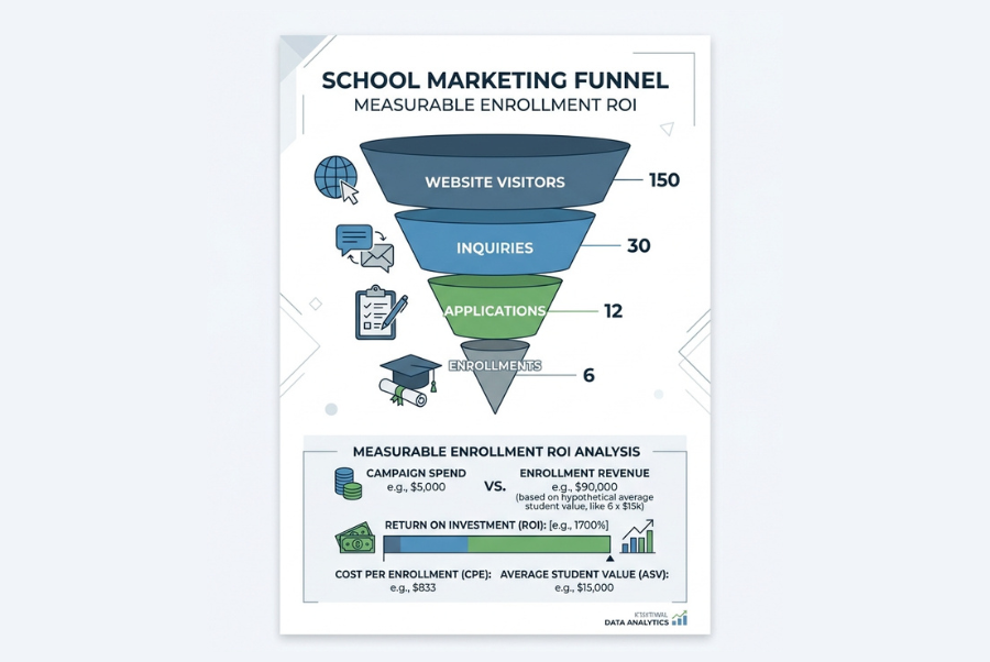 School marketing funnel showing visitors, inquiries, applications, and enrollments